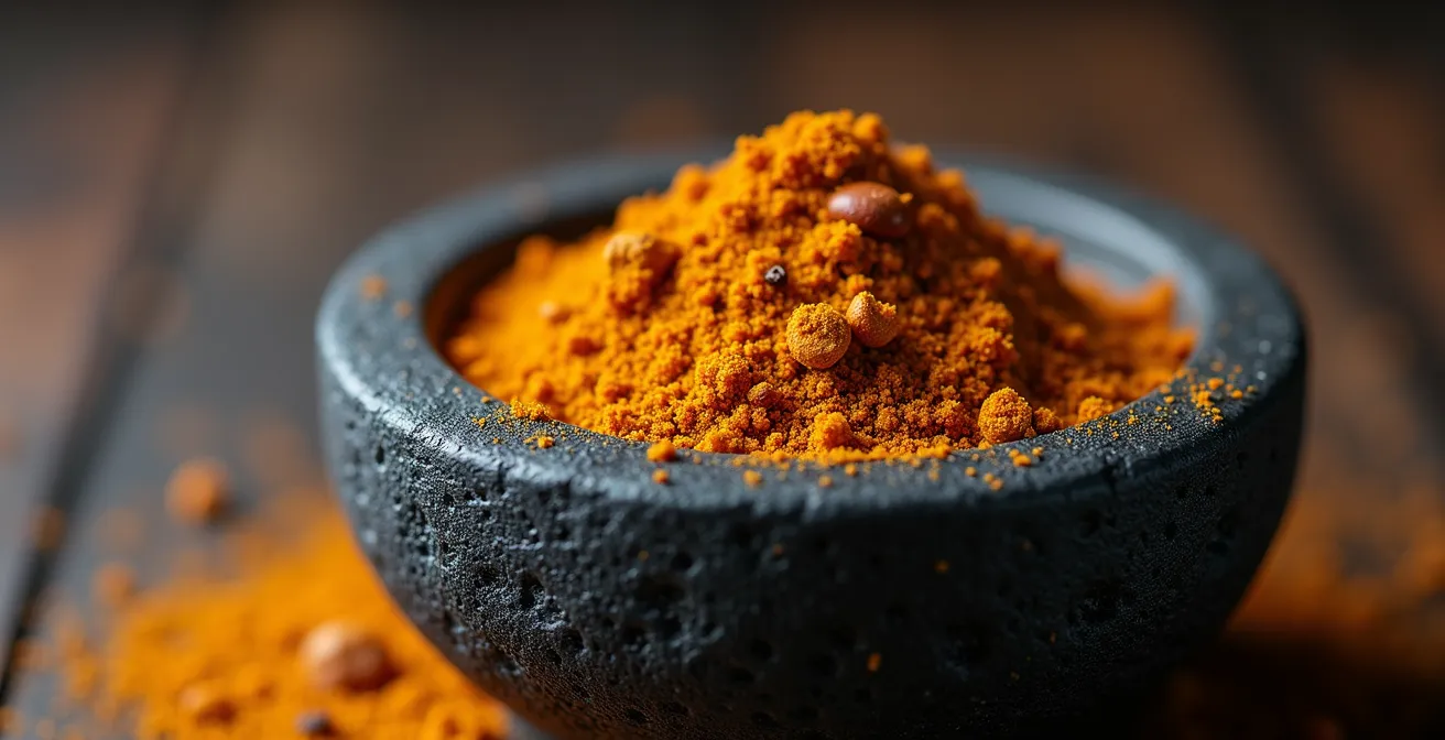 Vue macro d'un kalou en basalte volcanique avec épices fraîchement écrasées montrant les huiles essentielles libérées