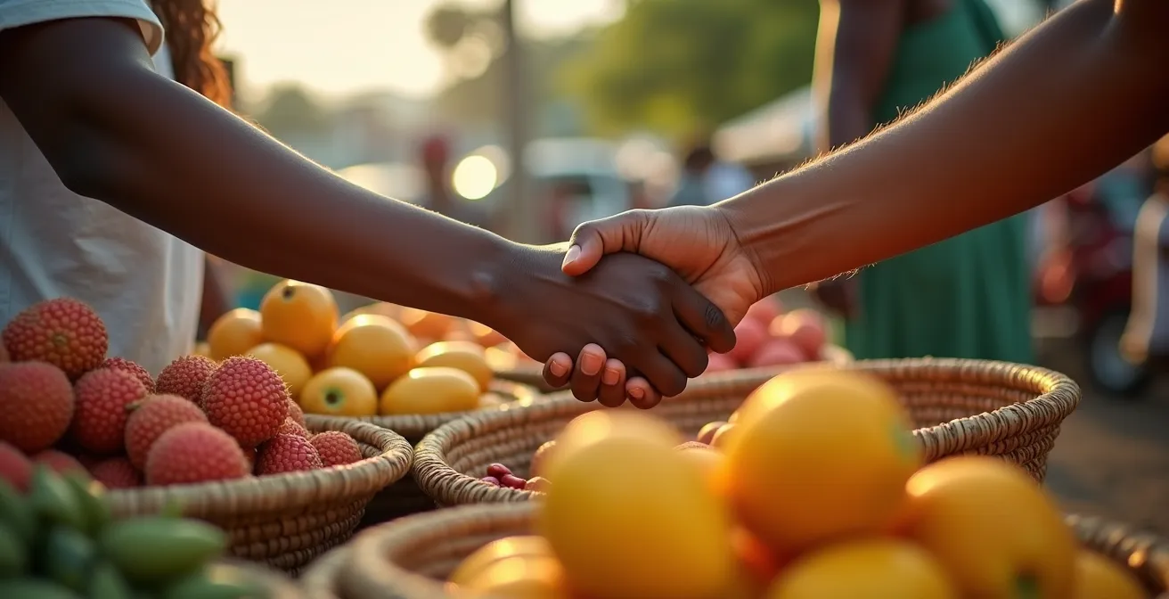 Marché forain coloré de Saint-Paul avec des étals de fruits et légumes locaux sans emballage et des paniers traditionnels en vacoa