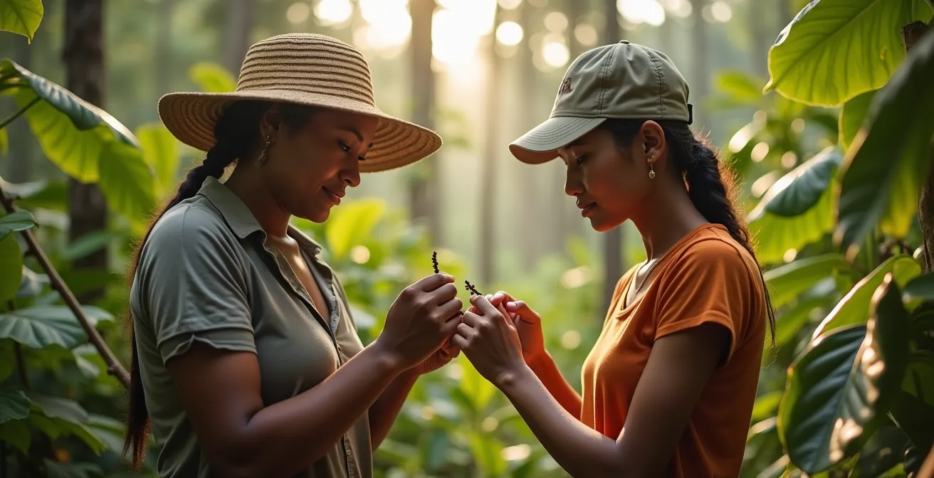 Une marieuse expérimentée effectuant la pollinisation manuelle d'une fleur de vanille dans une plantation de La Réunion