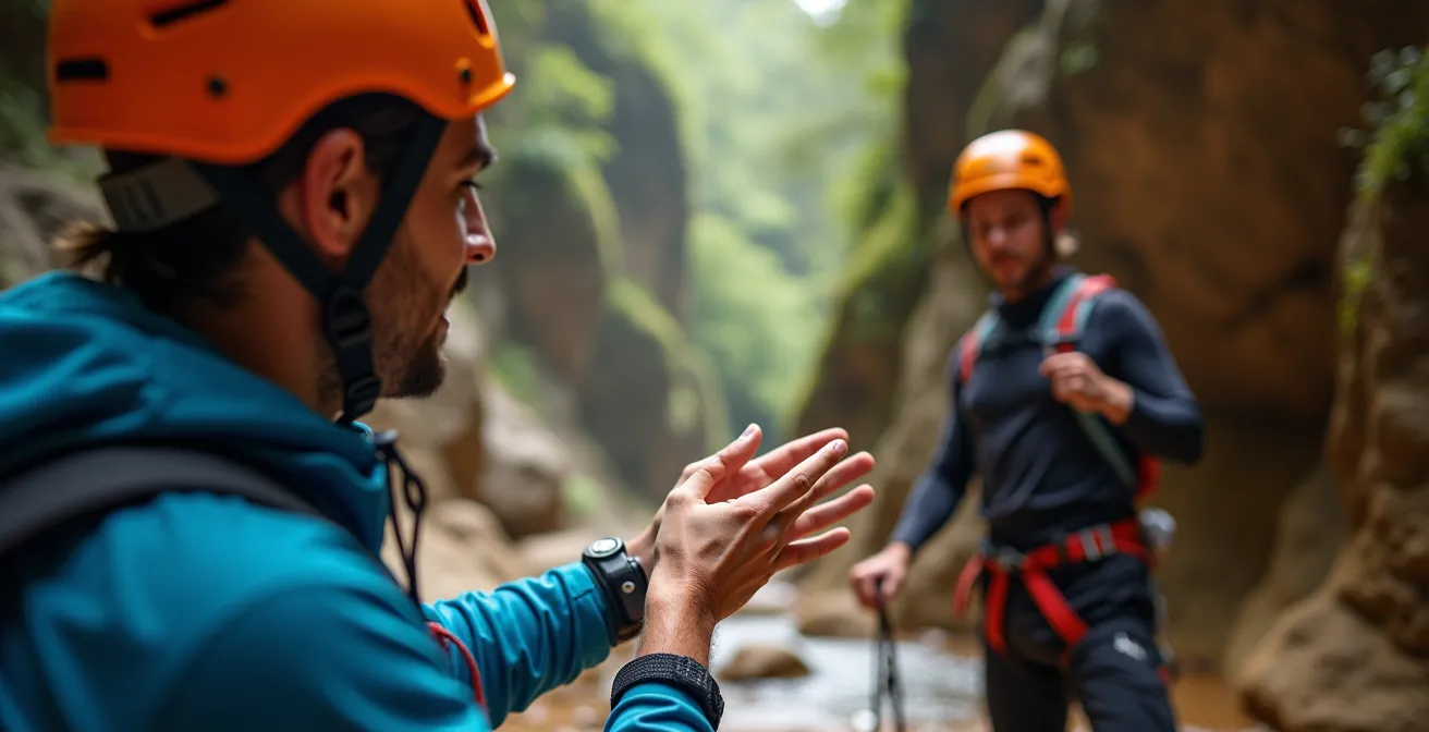 Guide sécurisant un pratiquant lors d'un rappel en canyon