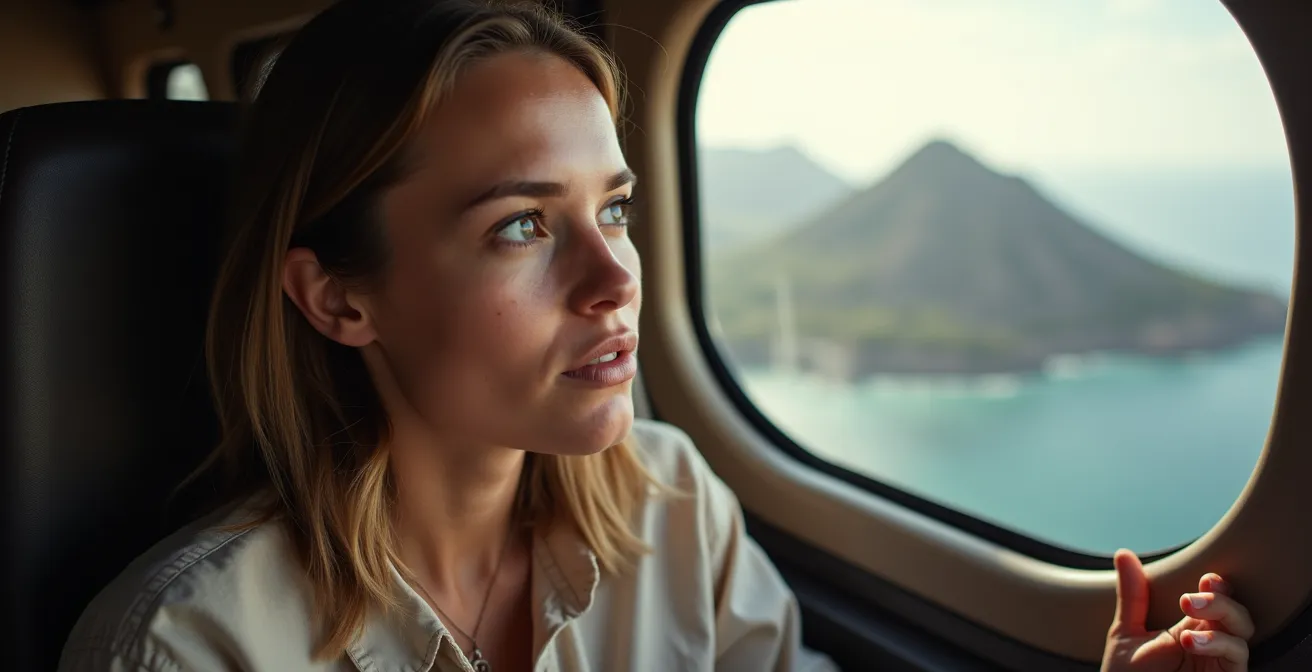 Passager dans un hélicoptère regardant l'horizon pour stabiliser sa perception