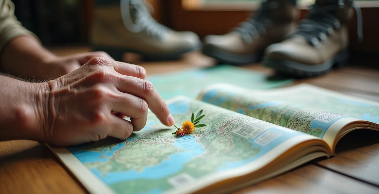 Mains préparant le prochain voyage à La Réunion avec cartes et guides