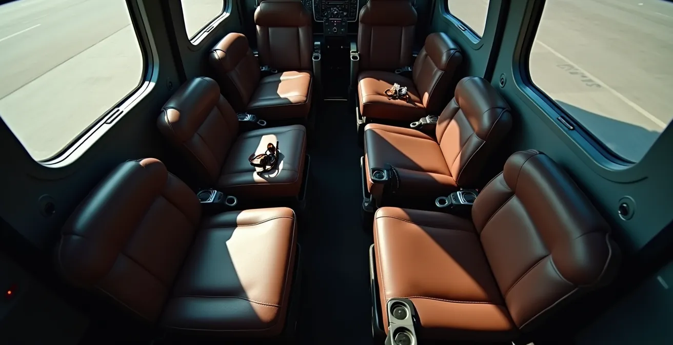 Vue intérieure de la cabine d'un hélicoptère montrant la disposition des sièges