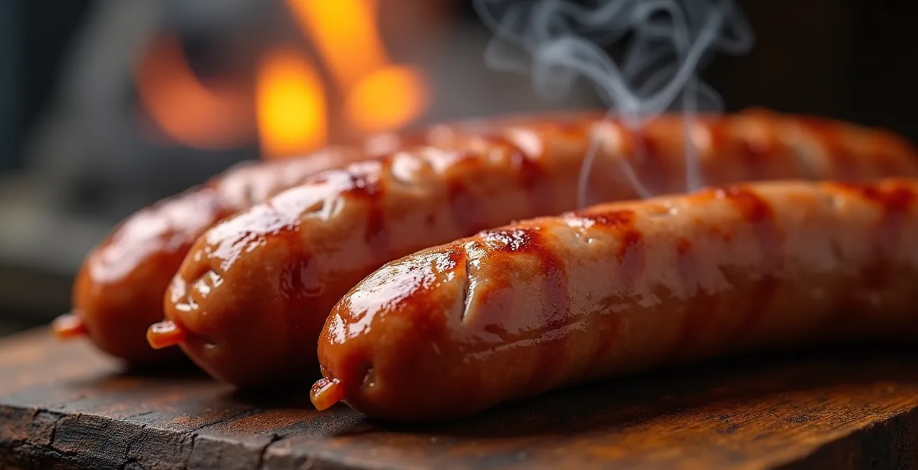 Saucisses créoles fumées artisanalement au bois de goyavier dans un fumoir traditionnel réunionnais