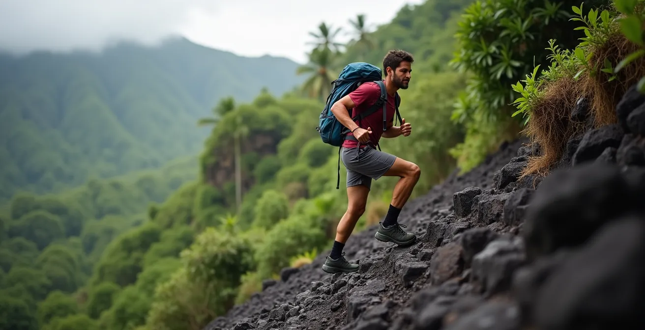Démonstration de la technique de descente correcte sur sentier escarpé de La Réunion