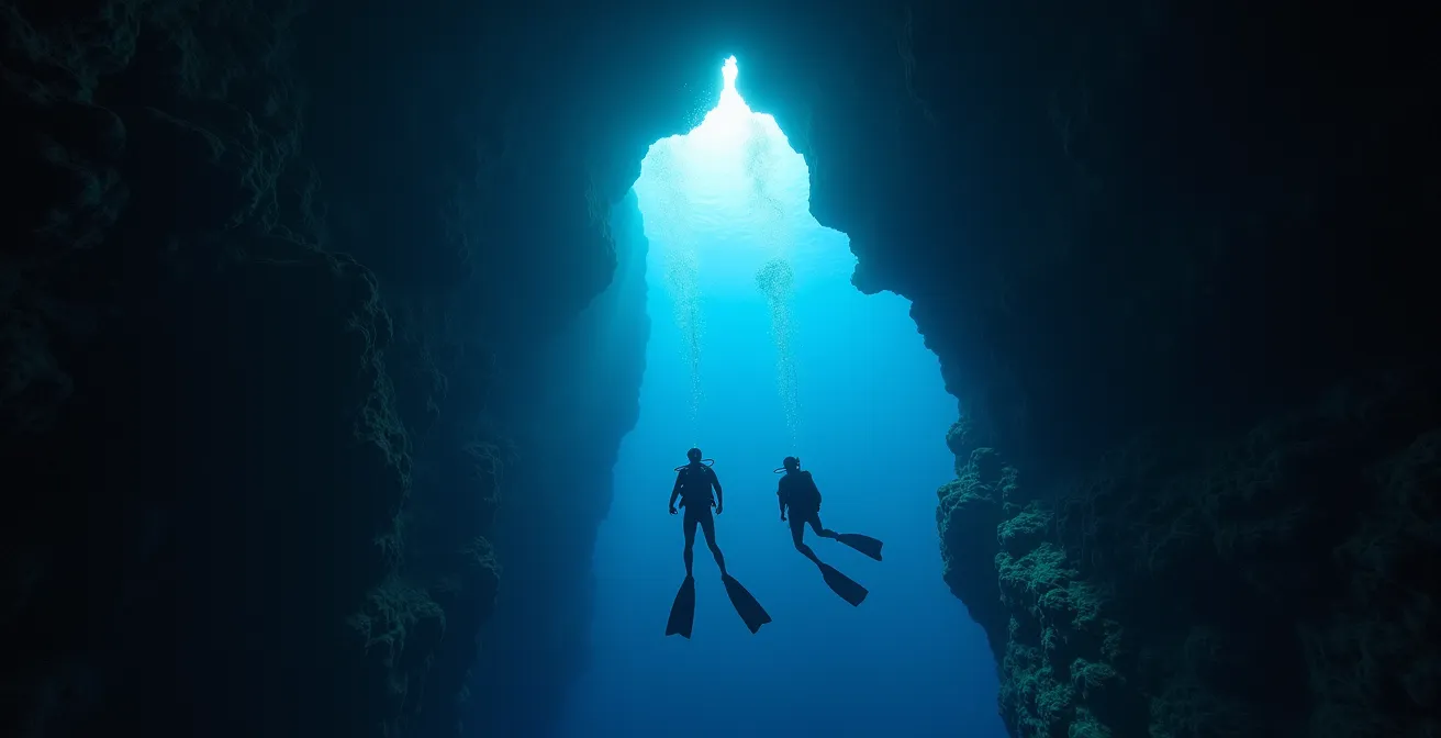 Vue sous-marine du tombant volcanique de Saint-Leu avec plongeurs évoluant le long de la paroi