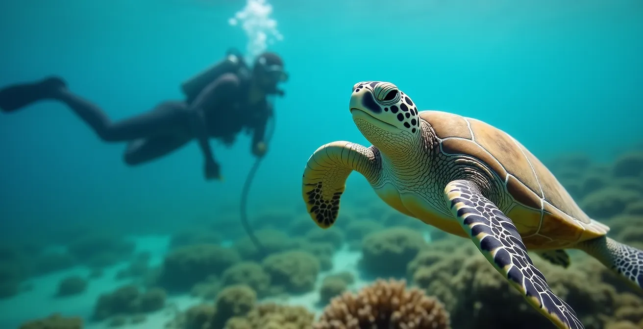Tortue verte nageant paisiblement dans les eaux cristallines avec un plongeur maintenant une distance respectueuse