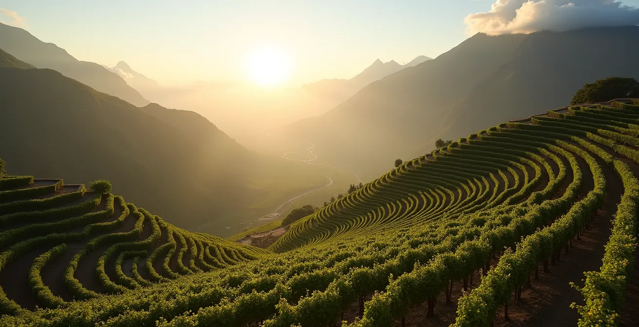 Vue panoramique du vignoble héroïque de Cilaos cultivé en terrasses sur les pentes volcaniques